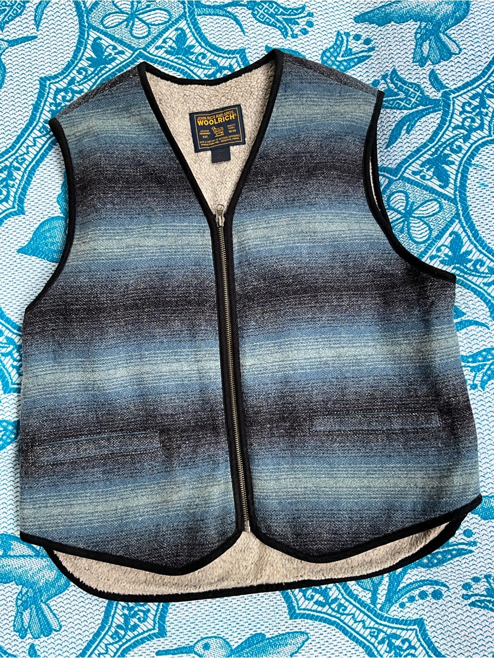 Woolrich John Rich & Bros Vintage Sherpa Lined Striped Vest Blue Womens L